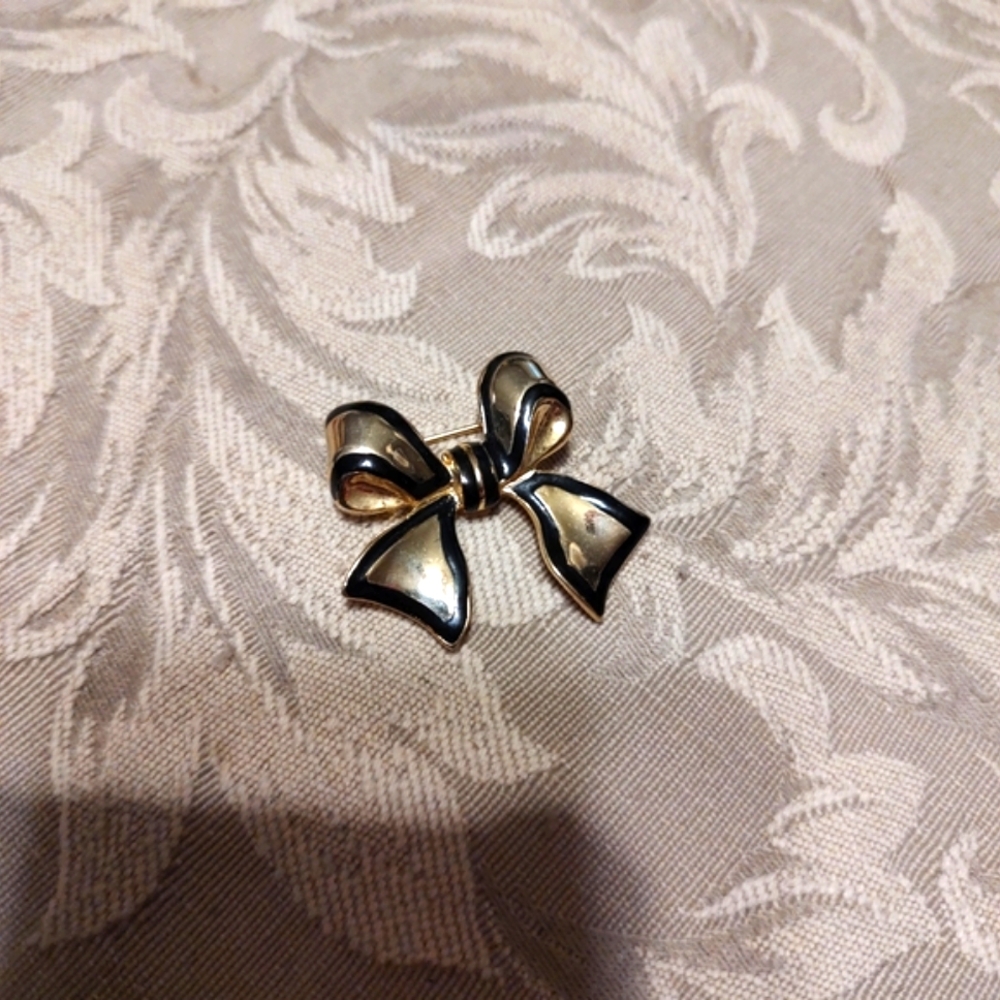 🔸🖤🔸Adorable Vintage 80's Black & Gold Ribbon Bow Brooch - Picture 10 of 13